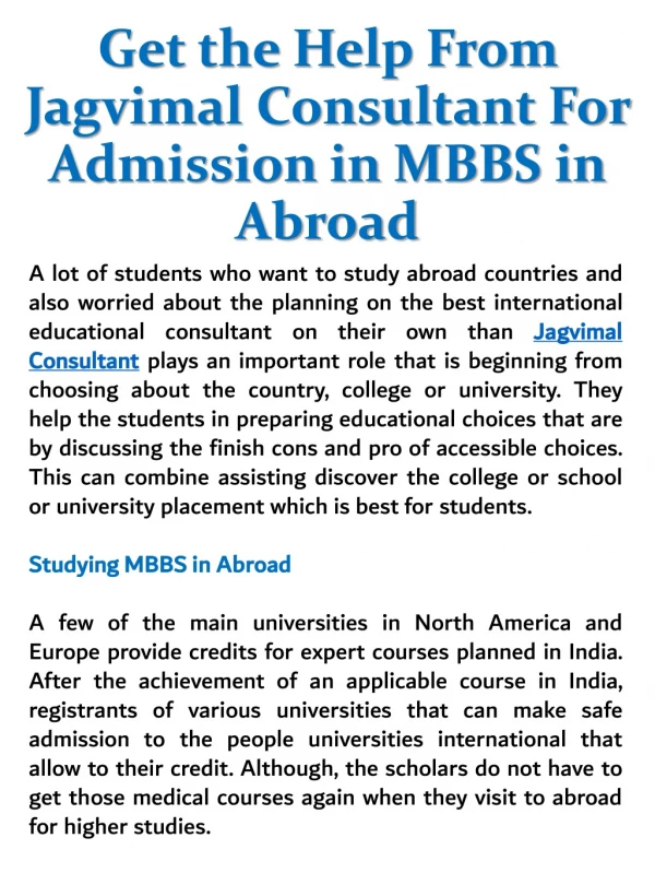 Get the Help From Jagvimal Consultant For Admission in MBBS in Abroad