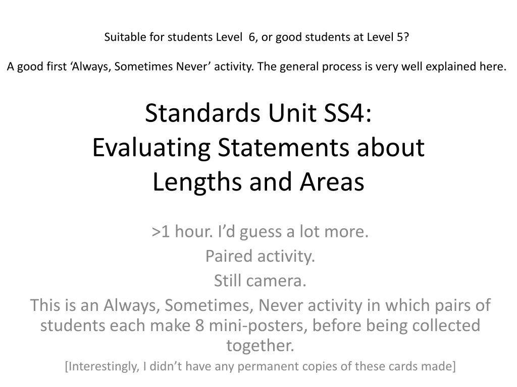standards unit ss4 evaluating statements about lengths and areas
