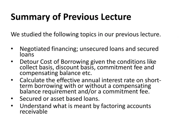 Summary of Previous Lecture