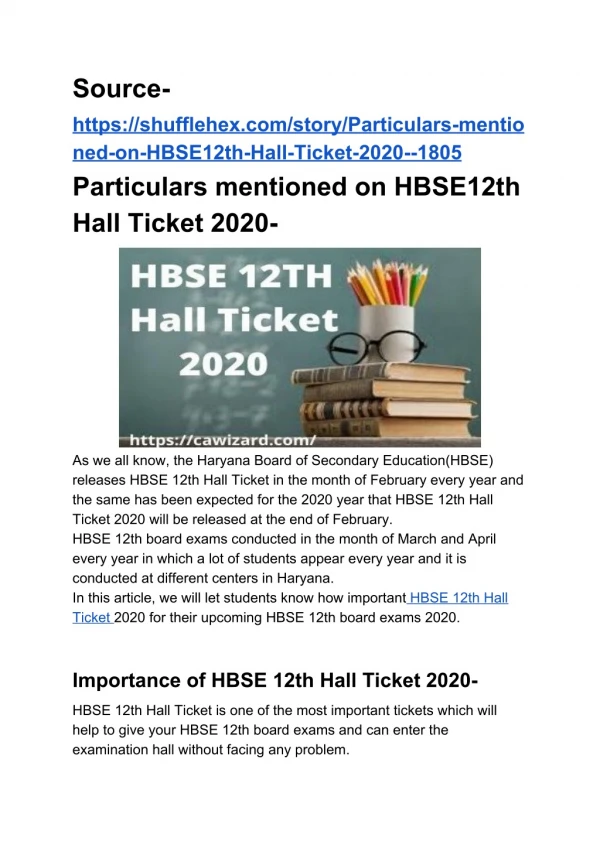 Particulars mentioned on HBSE12th Hall Ticket 2020