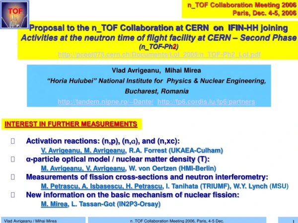 Proposal to the n_TOF Collaboration at CERN on IFIN-HH joining