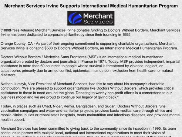 Merchant Services Irvine Supports International Medical Huma