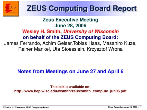 ZEUS Computing Board Report