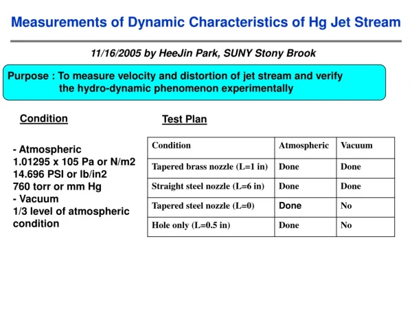 Measurements of Dynamic Characteristics of Hg Jet Stream