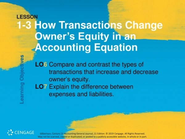 LESSON 1-3 How Transactions Change 	Owner’s Equity in an 	Accounting Equation