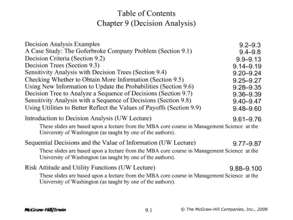 Table of Contents Chapter 9 Decision Analysis