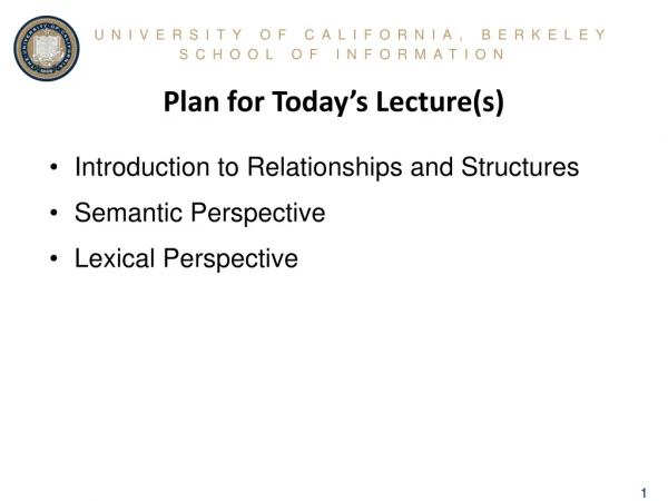 Plan for Today’s Lecture(s)