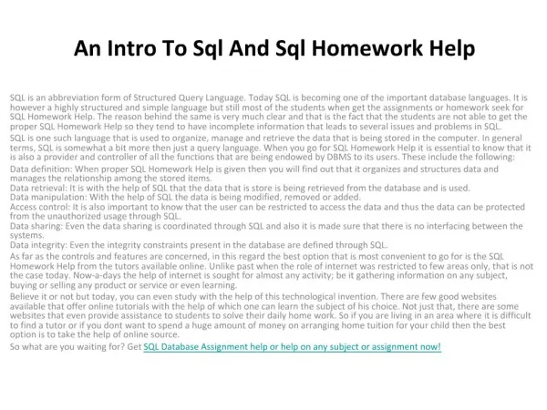 An Intro To Sql And Sql Homework Help