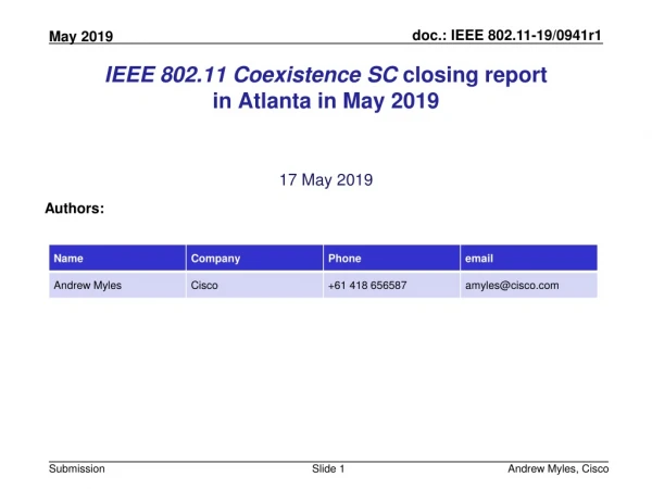 IEEE 802.11 Coexistence SC closing report in Atlanta in May 2019