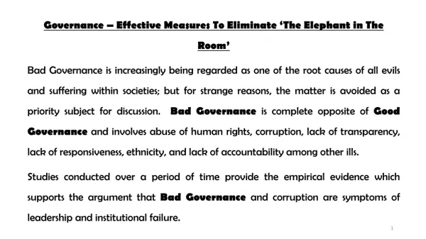 Governance – Effective Measures To Eliminate ‘The Elephant in The Room’