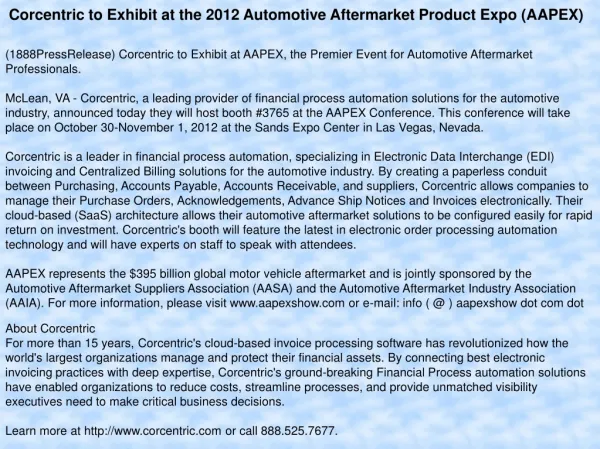 Corcentric to Exhibit at the 2012 Automotive Aftermarket Pro
