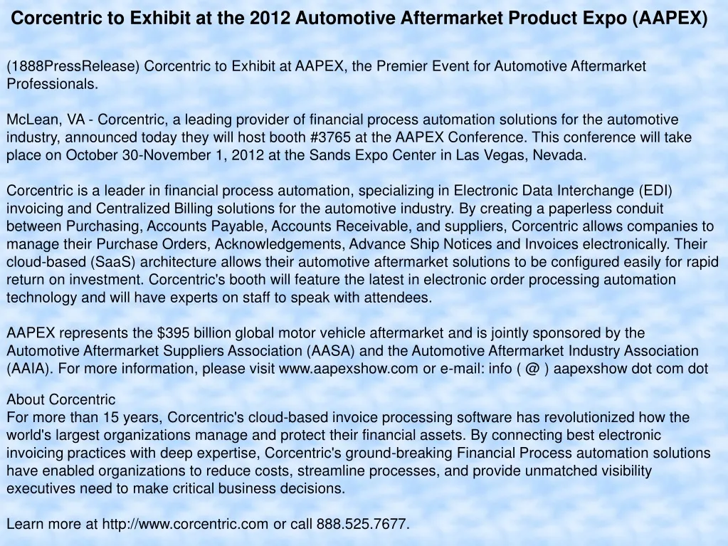 corcentric to exhibit at the 2012 automotive