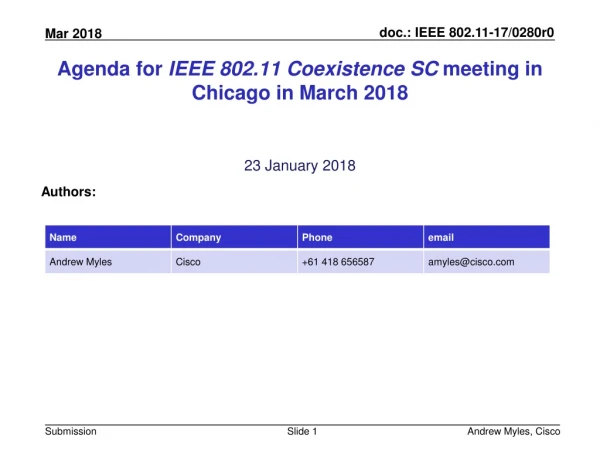 Agenda for IEEE 802.11 Coexistence SC meeting in Chicago in March 2018