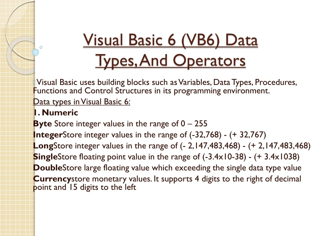 visual basic 6 vb6 data types and operators