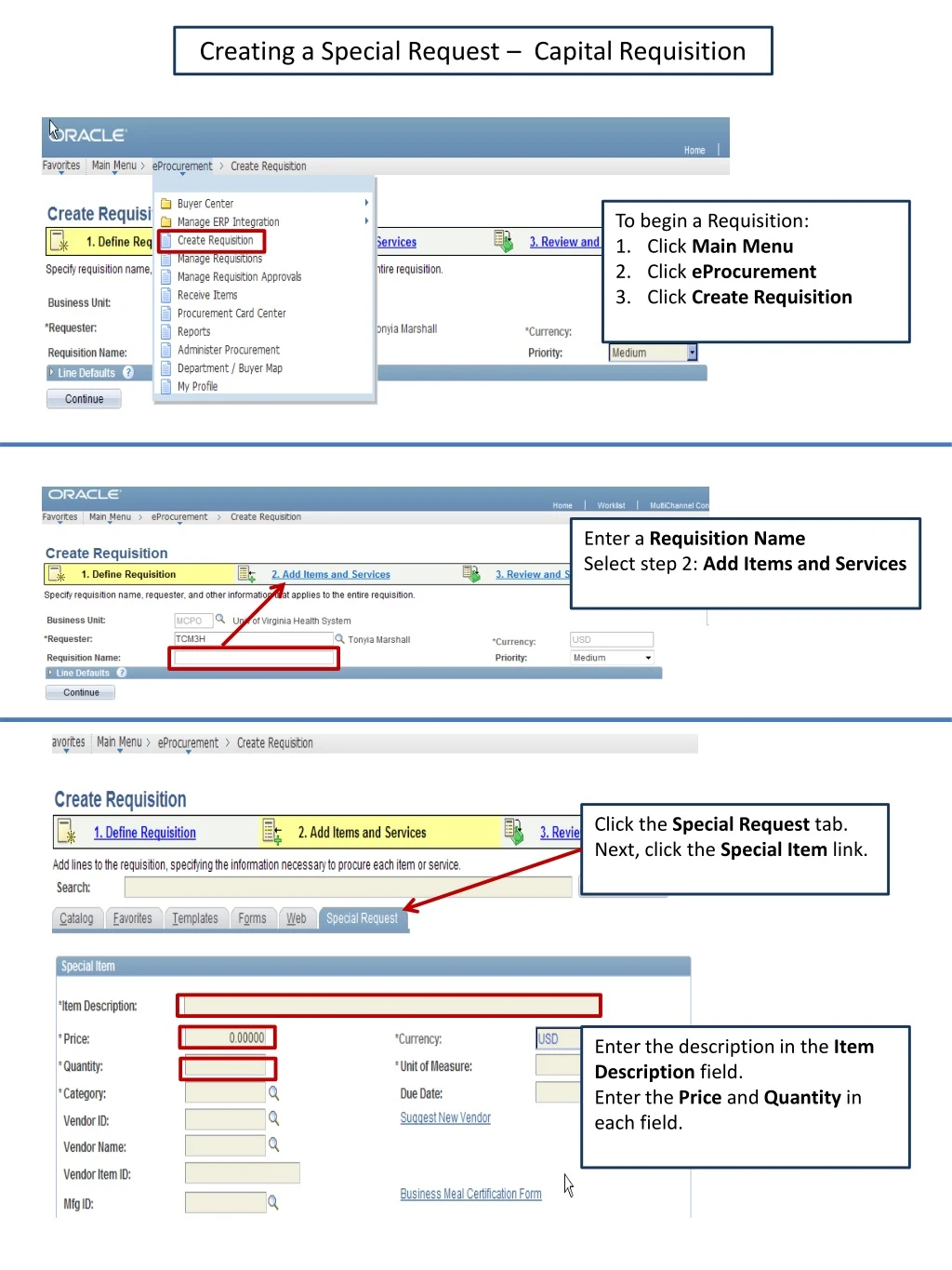 creating a special request capital requisition