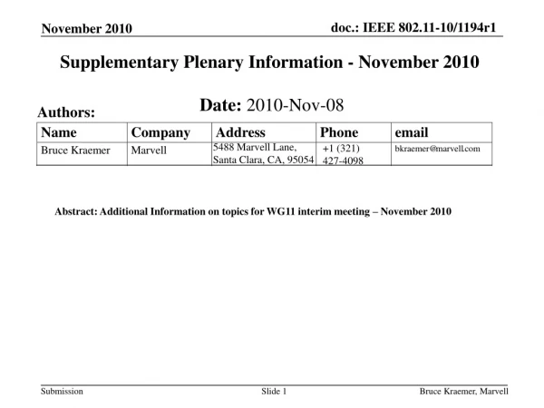 Supplementary Plenary Information - November 2010
