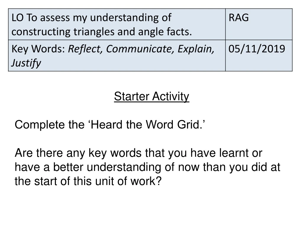 starter activity complete the heard the word grid
