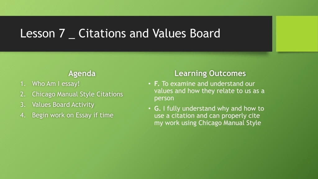lesson 7 citations and values board