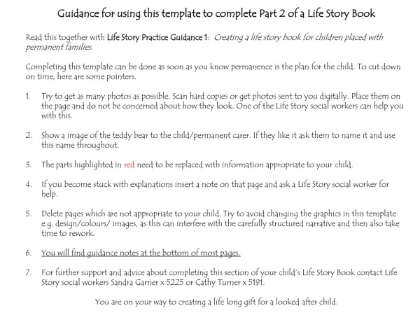Guidance for using this template to complete Part 2 of a Life Story Book