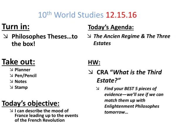10 th World Studies 12.15.16