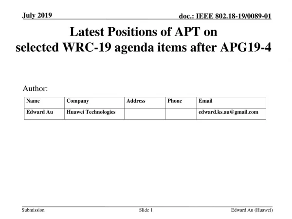 Latest Positions of APT on selected WRC-19 agenda items after APG19-4
