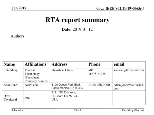 RTA report summary