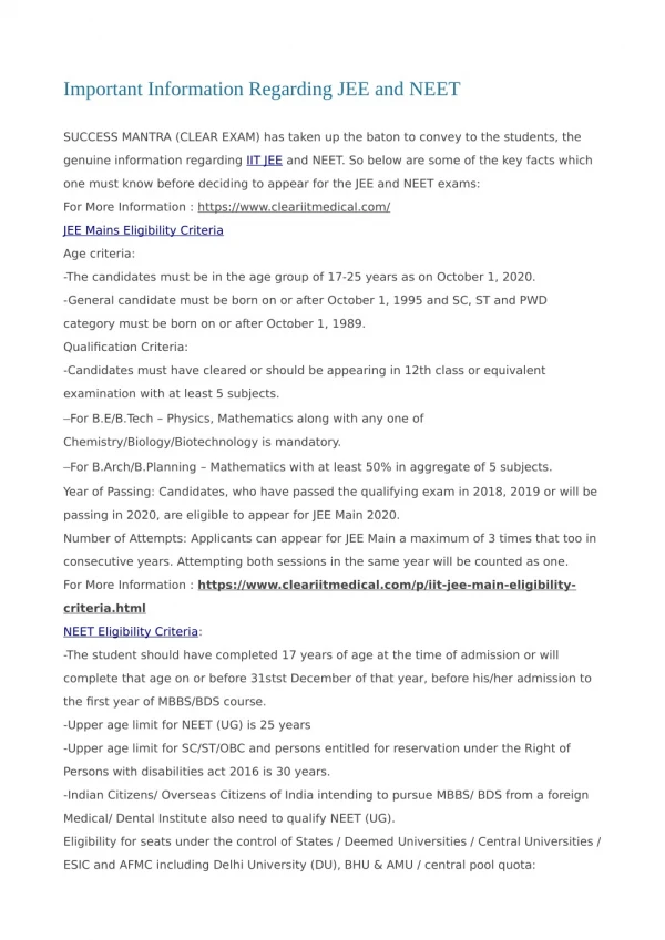 Important Information Regarding JEE and NEET