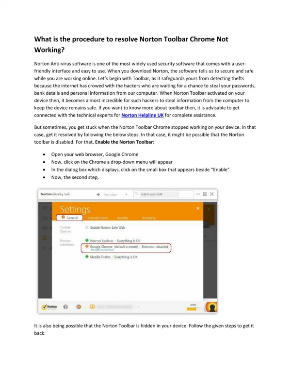 what is the procedure to resolve norton toolbar