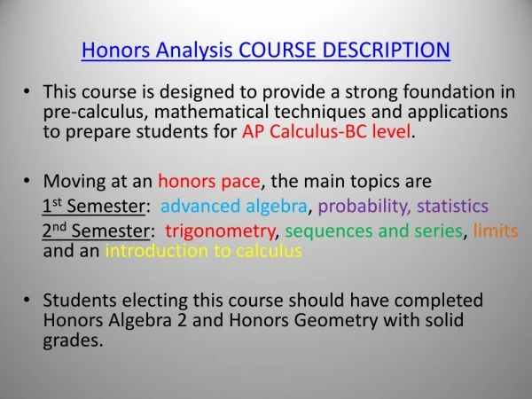 Honors Analysis COURSE DESCRIPTION