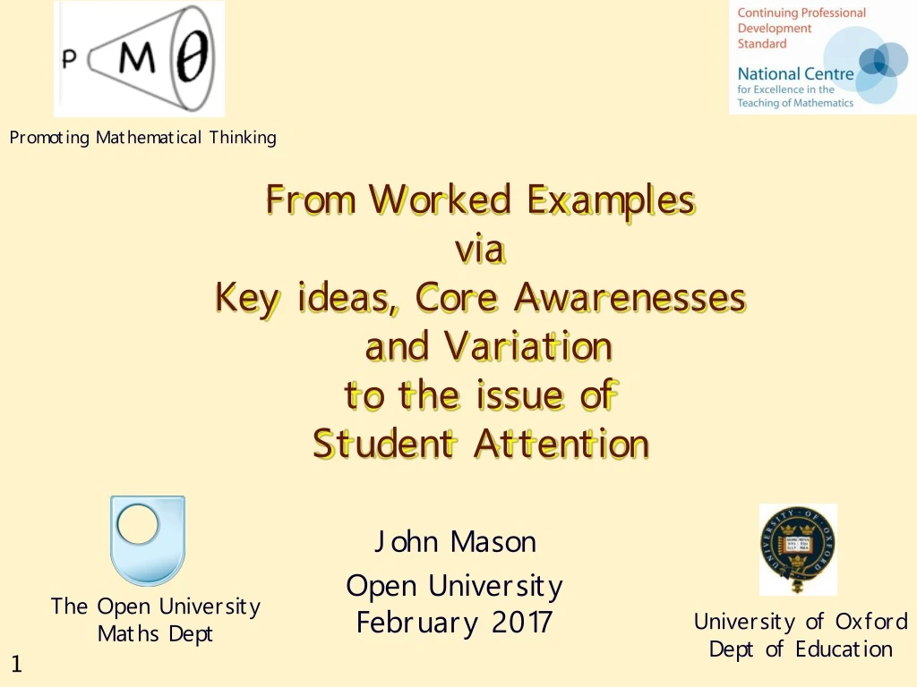 from worked examples via key ideas core awarenesses and variation to the issue of student attention