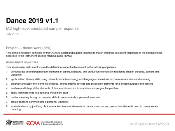 Dance 2019 v1.1 IA3 high-level annotated sample response July 2018 Project — dance work (35%)