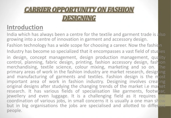 CARRIER OPPORTUNITY ON FASHION DESIGNING