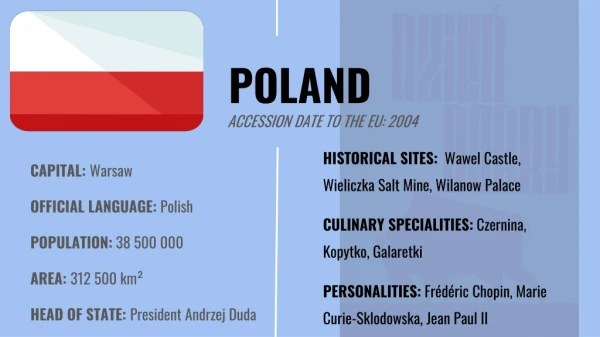 CAPITAL: Warsaw OFFICIAL LANGUAGE: Polish POPULATION: 38 500 000 AREA: 312 500 km²