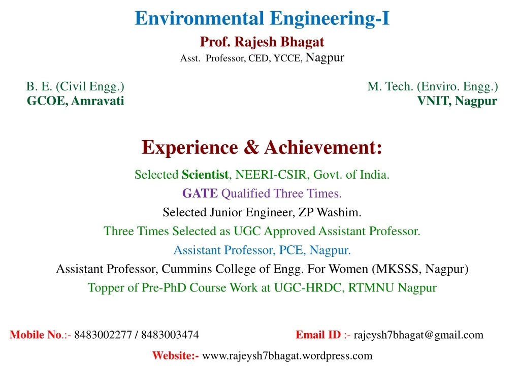 environmental engineering i prof rajesh bhagat