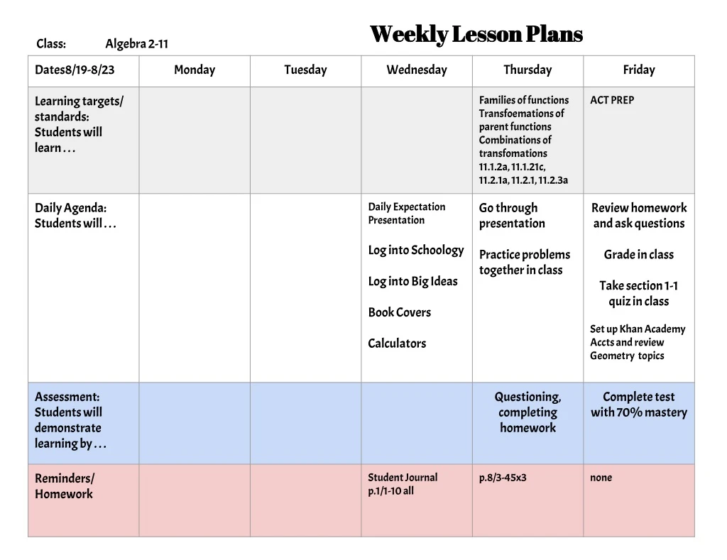 weekly lesson plans