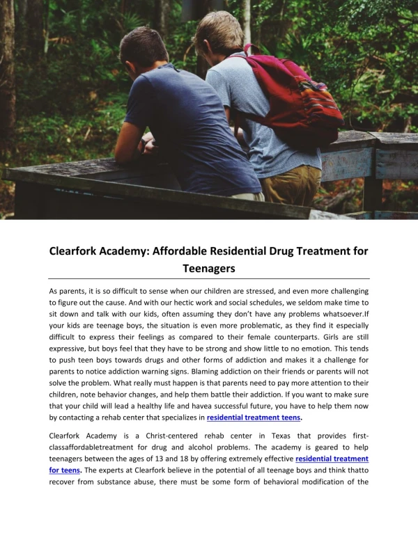 Clearfork Academy: Affordable Residential Drug Treatment for Teenagers