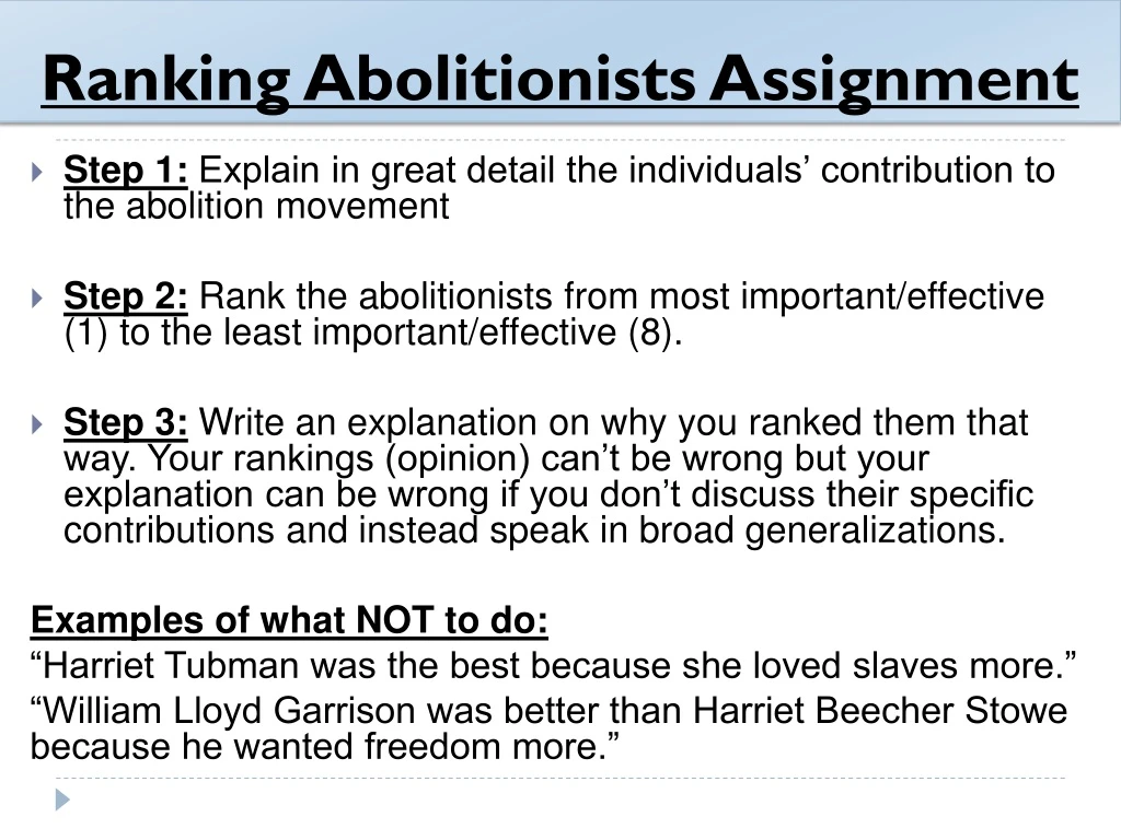 ranking abolitionists assignment