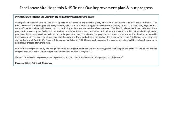 East Lancashire Hospitals NHS Trust : Our improvement plan &amp; our progress