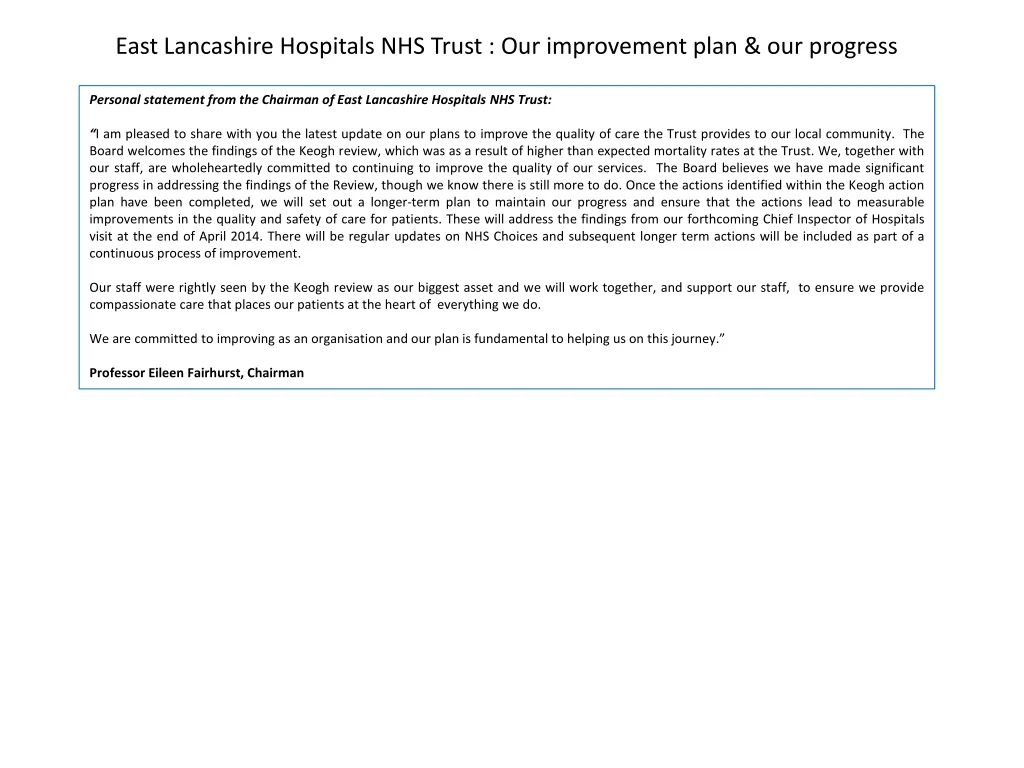 east lancashire hospitals nhs trust our improvement plan our progress