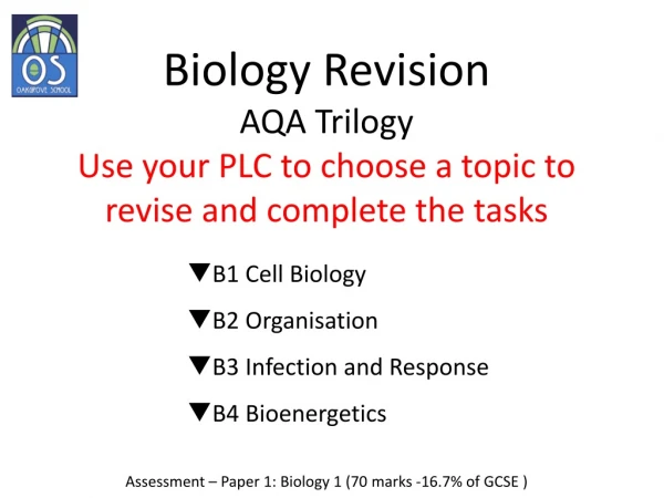 Biology Revision AQA Trilogy Use your PLC to choose a topic to revise and complete the tasks