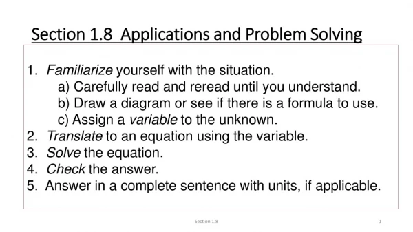 Section 1.8 Applications and Problem Solving