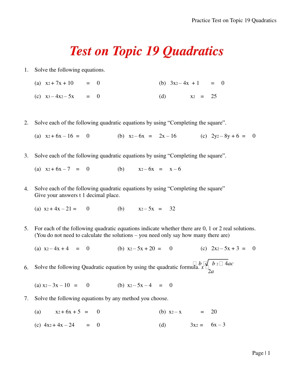 practice test on topic 19 quadratics test