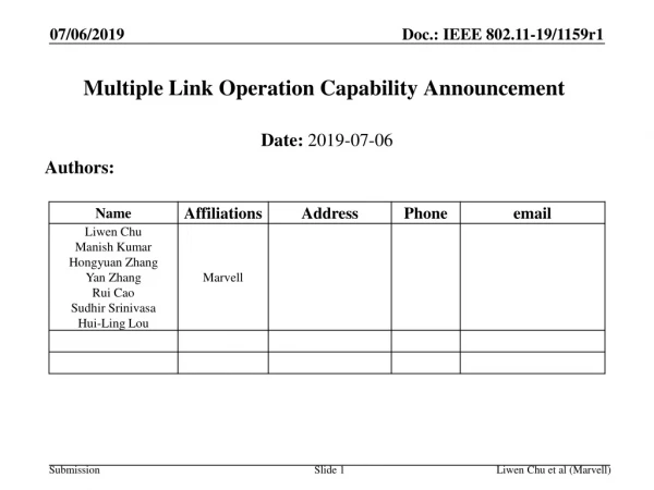Multiple Link Operation Capability Announcement