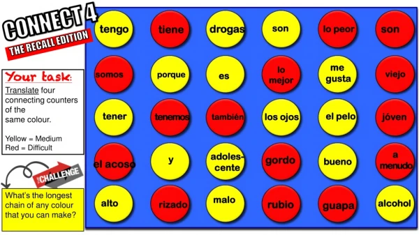 Your task : Translate four connecting counters of the same colour. Yellow = Medium