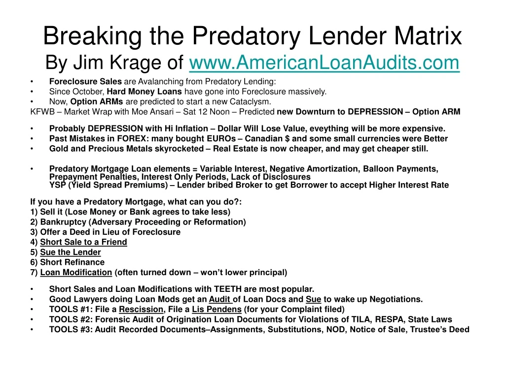 breaking the predatory lender matrix by jim krage of www americanloanaudits com