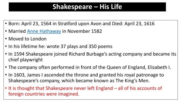 Shakespeare – His Life