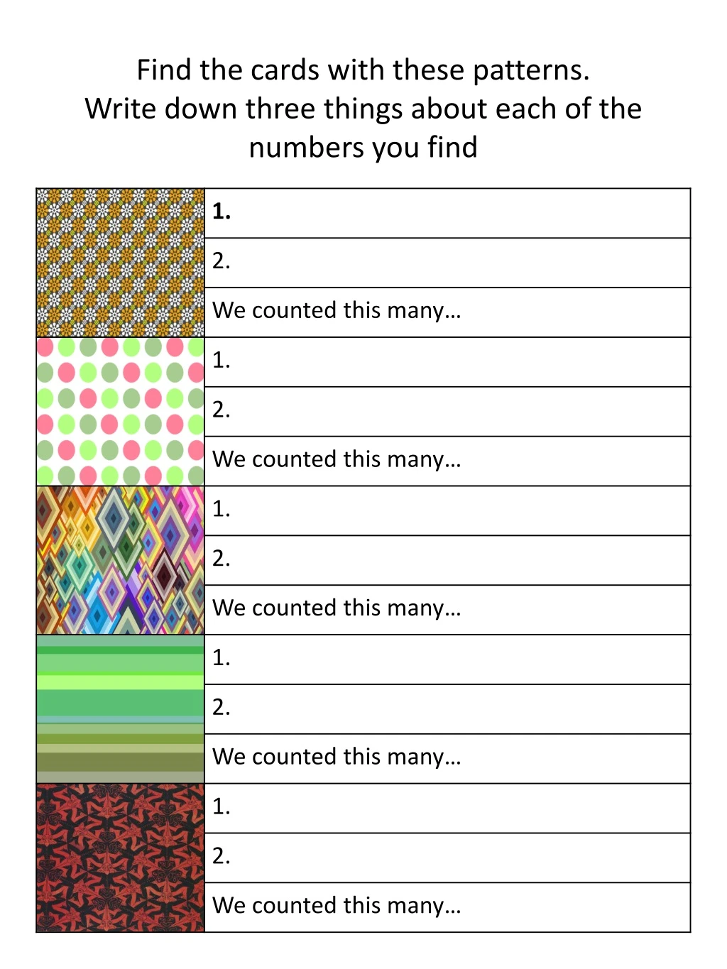 find the cards with these patterns write down three things about each of the numbers you find