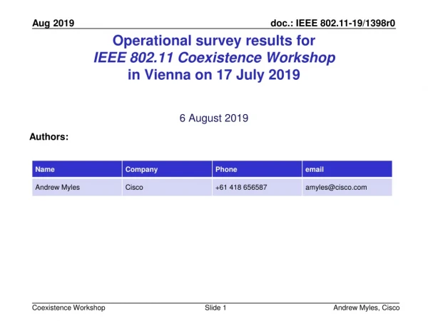 Operational survey results for IEEE 802.11 Coexistence Workshop in Vienna on 17 July 2019