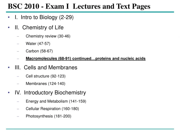 BSC 2010 - Exam I Lectures and Text Pages