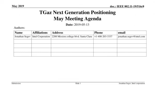 TGaz Next Generation Positioning May Meeting Agenda